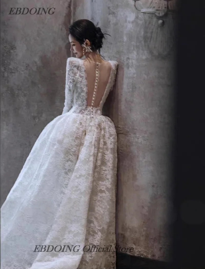 EBDOING robe de mariée a-ligne dentelle encolure carrée manches longues Basque robes de mariée personnalisées