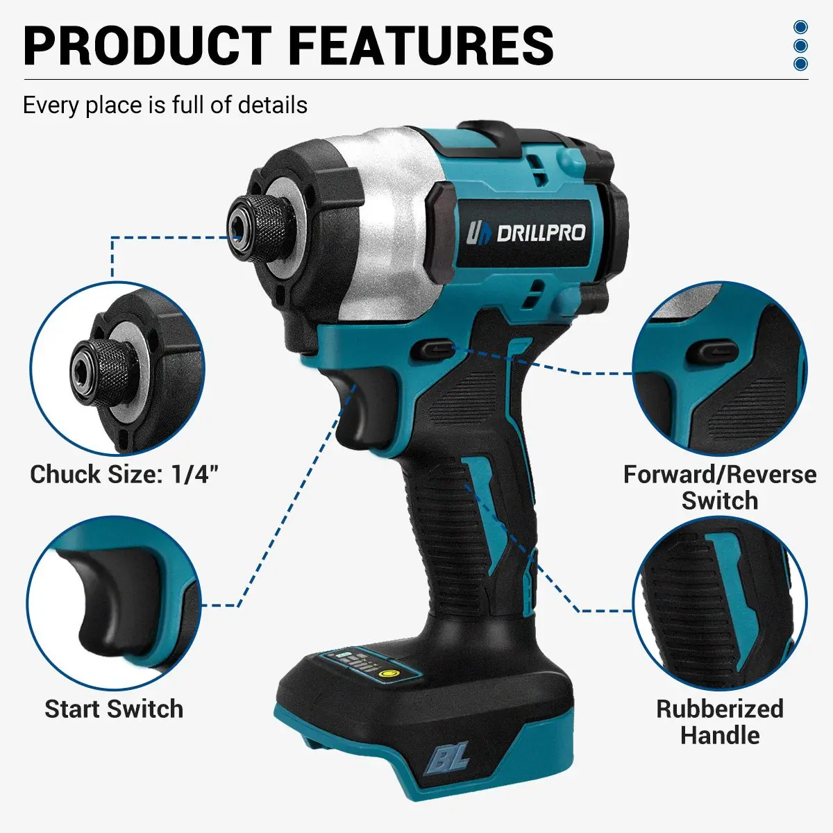Drillpro1/4 inci obeng listrik tanpa kabel, alat listrik torsi tanpa kabel 280n. m 20 + 1 untuk baterai Makita