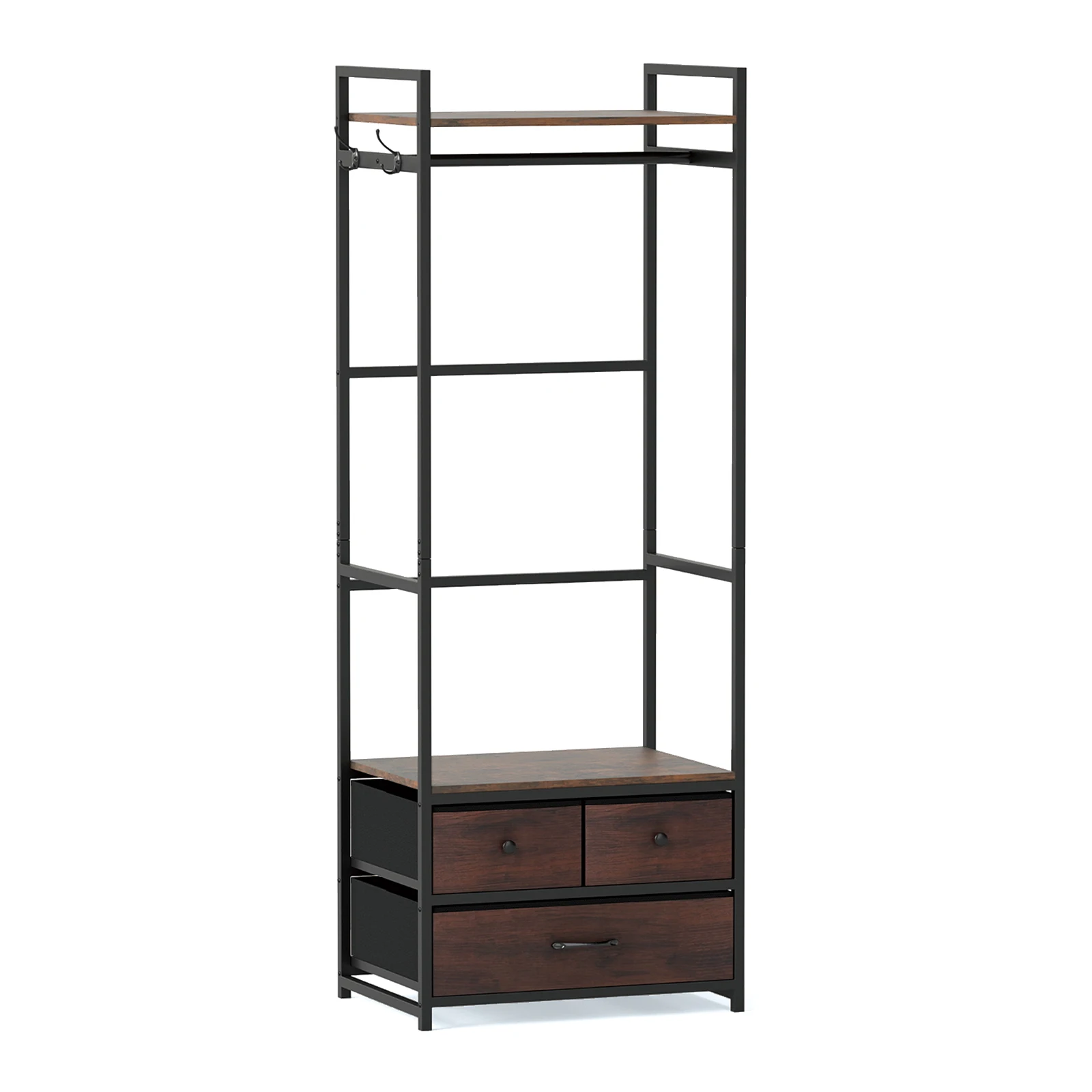 Clothes Rack w/ Drawers, Shelves, Side Hooks, Metal Frame for Entryway, Wardrobe