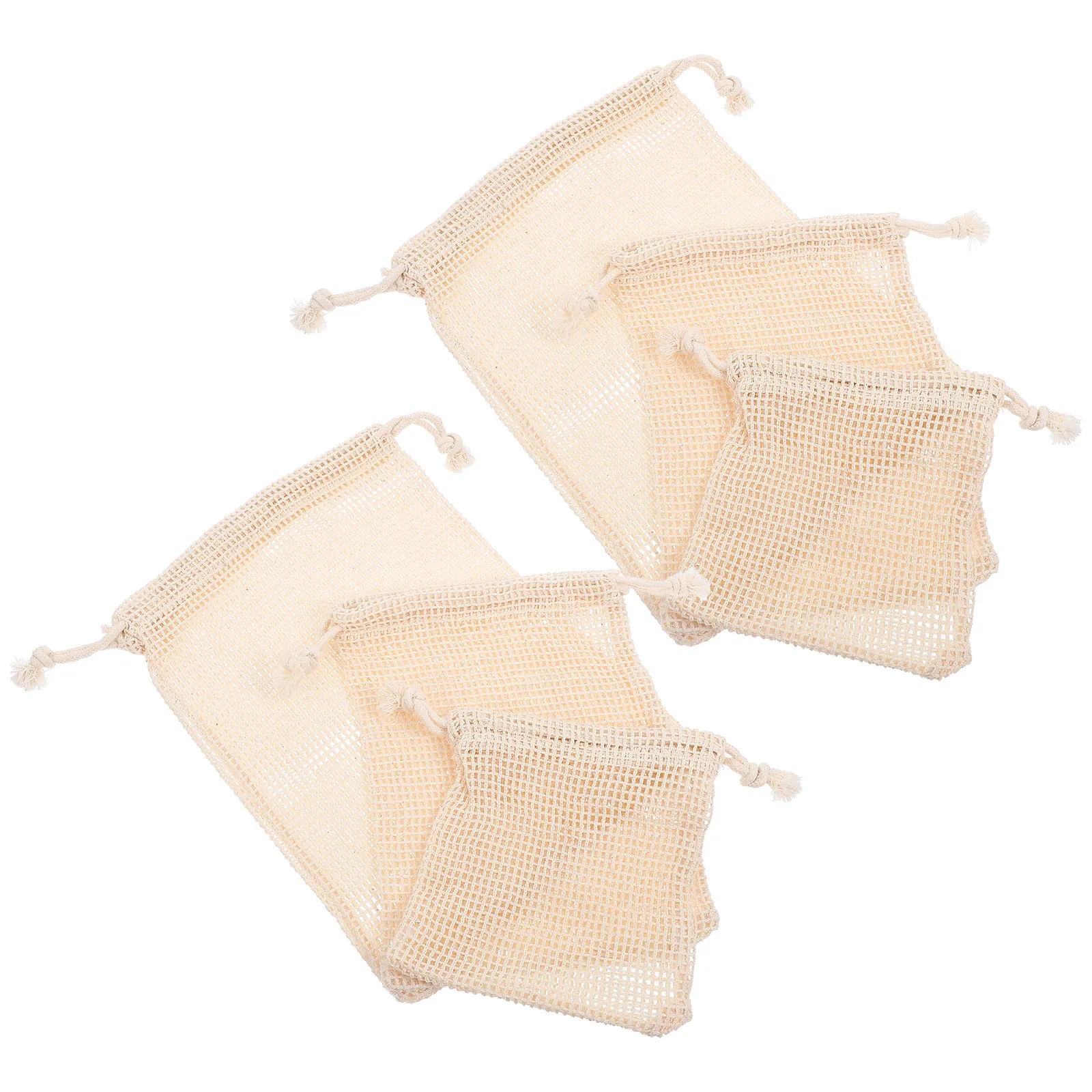 6 Pcs Fruit Produce Bags Reusable Washable Cotton Drawstring Mesh Grocery Beige