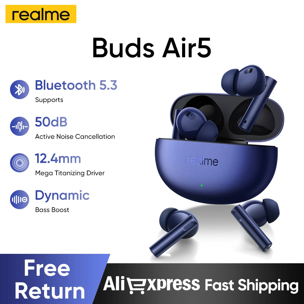 realme Buds Air 5 TWS Earphone 50dB Active Noise Cancellation Wireless Headphone 38Hour Battery Life Bluetooth5.3