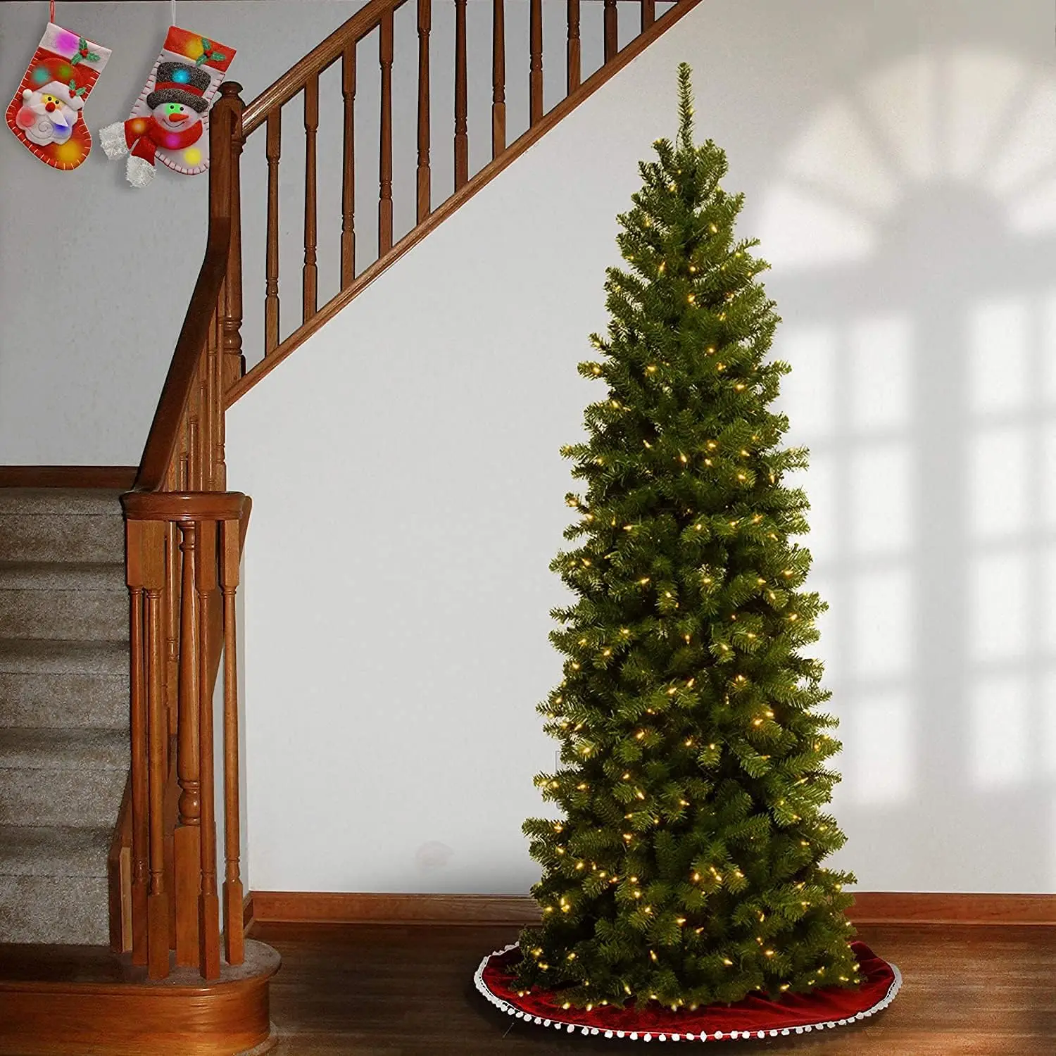 Pre-Lit Artificial Slim Christmas Tree, Green, North Valley Spruce, White Lights, Includes Stand, 7 Feet