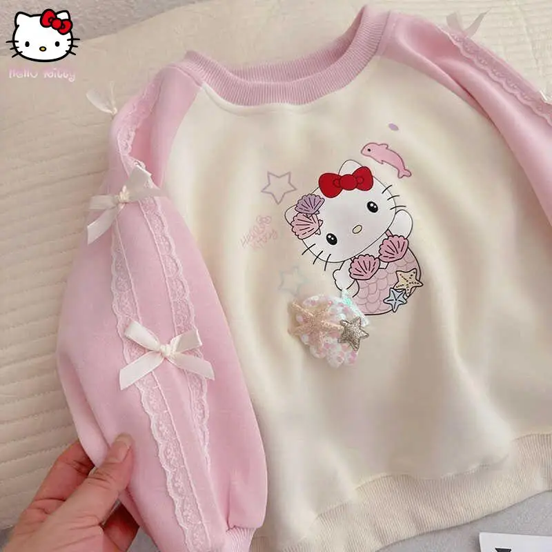 

Sanrio Girls аниме Kawaii свитер с бантом «Hello Kitty», весна-осень, новая мода с героями мультфильмов, милые топы с длинными рукавами и принтом Kuromi, мягкие