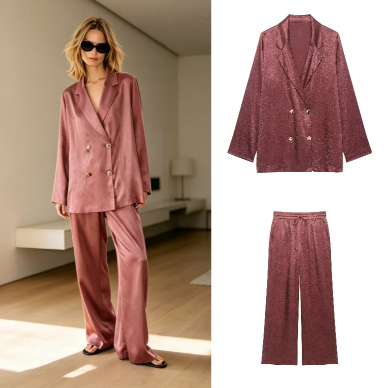 Women's Set 2026 Autumn New Fashion Pleated Drape Blazer Wide Leg Pants Regular Length Two Piece Suit