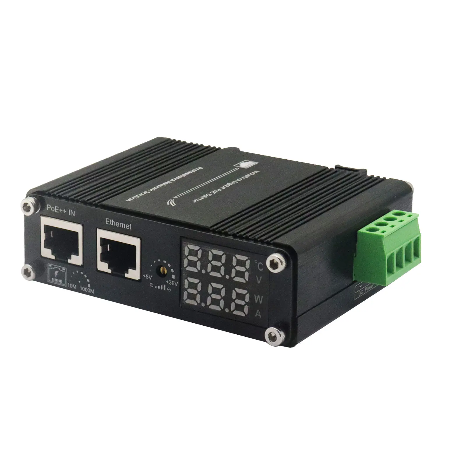 Industrial Gigabit 802.3bt PoE++ Splitter with LED Display and Adjustable Output Voltage 5V to 36V DC