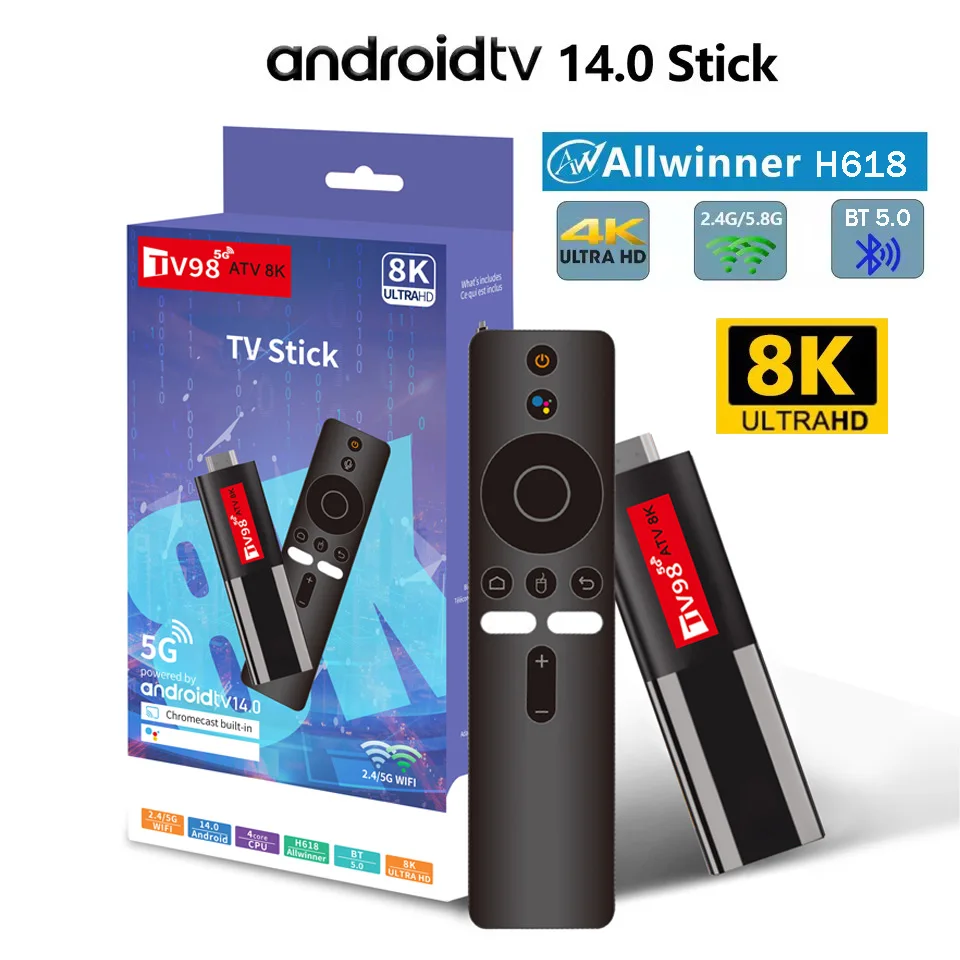 TV98 ATV 8K TV Stick Allwinner H618 Quad Core Android 14 HDR10 8K 4K 3D WIFI6 2.4G & 5.8G BT 5.0 Voice remote iptv Smart TV BOX