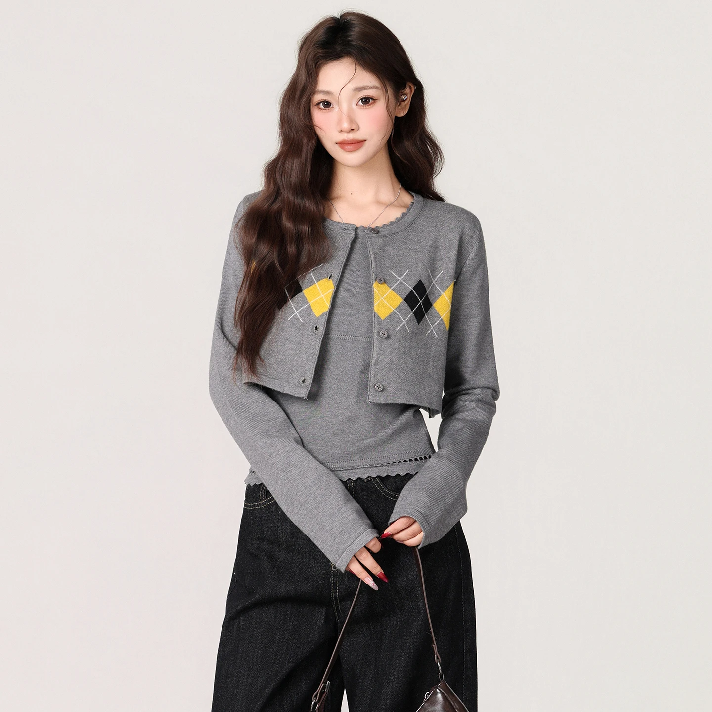 Цвет Blo ort Вязаный открытый кардиган Женский внутренний кружевной комплект Csole Sweet And Spicy Комплект из двух предметов в Корейском стиле Long Sve Wi...