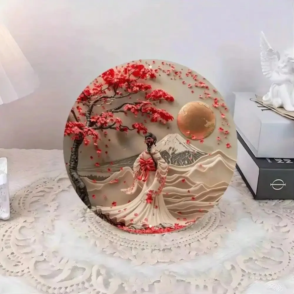 Elegant Japanese Kimono Woman Cherry Blossom Aluminum Metal Wall Art - Premium Home Decor