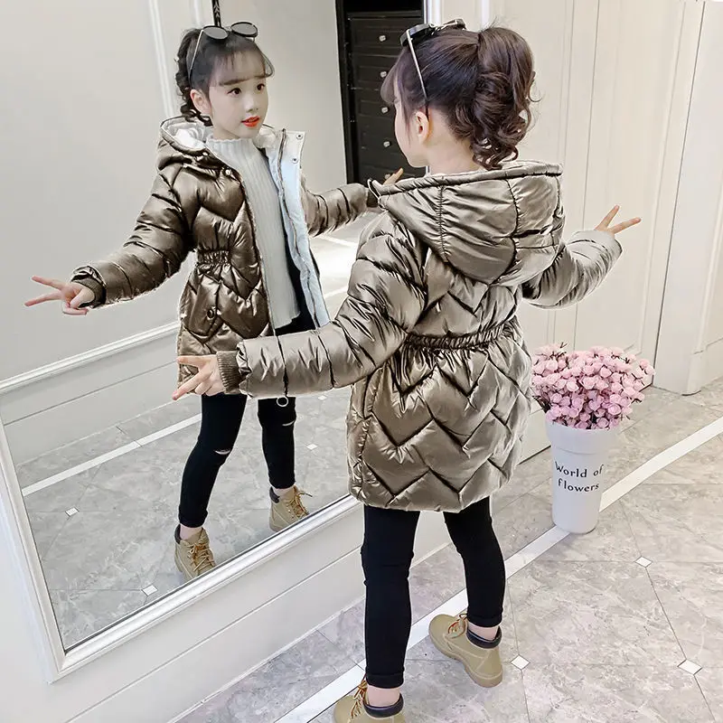 Girls Down Padded Winter Coat 2024 New Children Bright Leather Waist Padded Coat European Fashion Style Coat Clothes Top