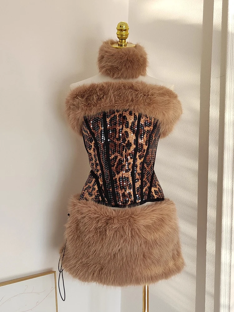 REDDACHiC Winter Furry Strapless Tube Skirt Set Leopard Sequin Corset Top Tie up Low Rise Mini Skirt Retro Sexy Women's Clothing