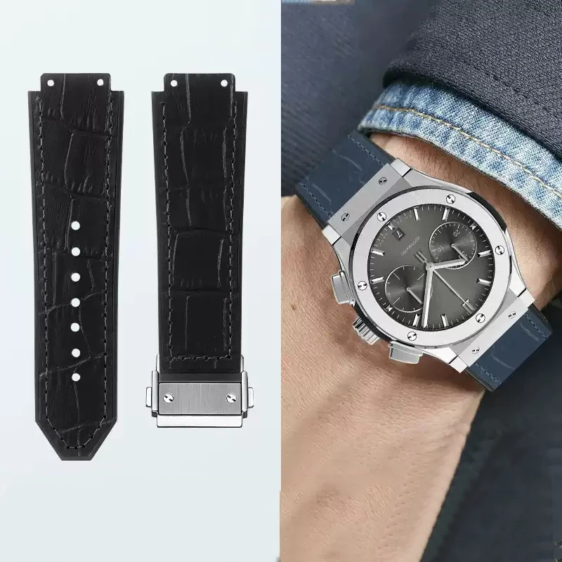 

For Hublot Yubo Big Bang Genuine Cow Leather Watch Strap Male Classic Fusion Silicone Sweetproof Watch Strap 19x26mm