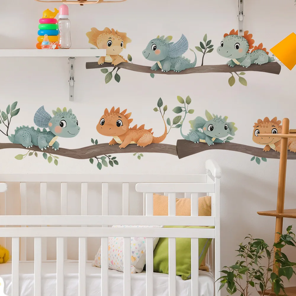 Cartoon Baby Dinosaur on The Brach Wall Sticker DIY Vinyl Cute Dino Decal Self-adhesive for Kids Room Baby Bedroom Nursery Decor