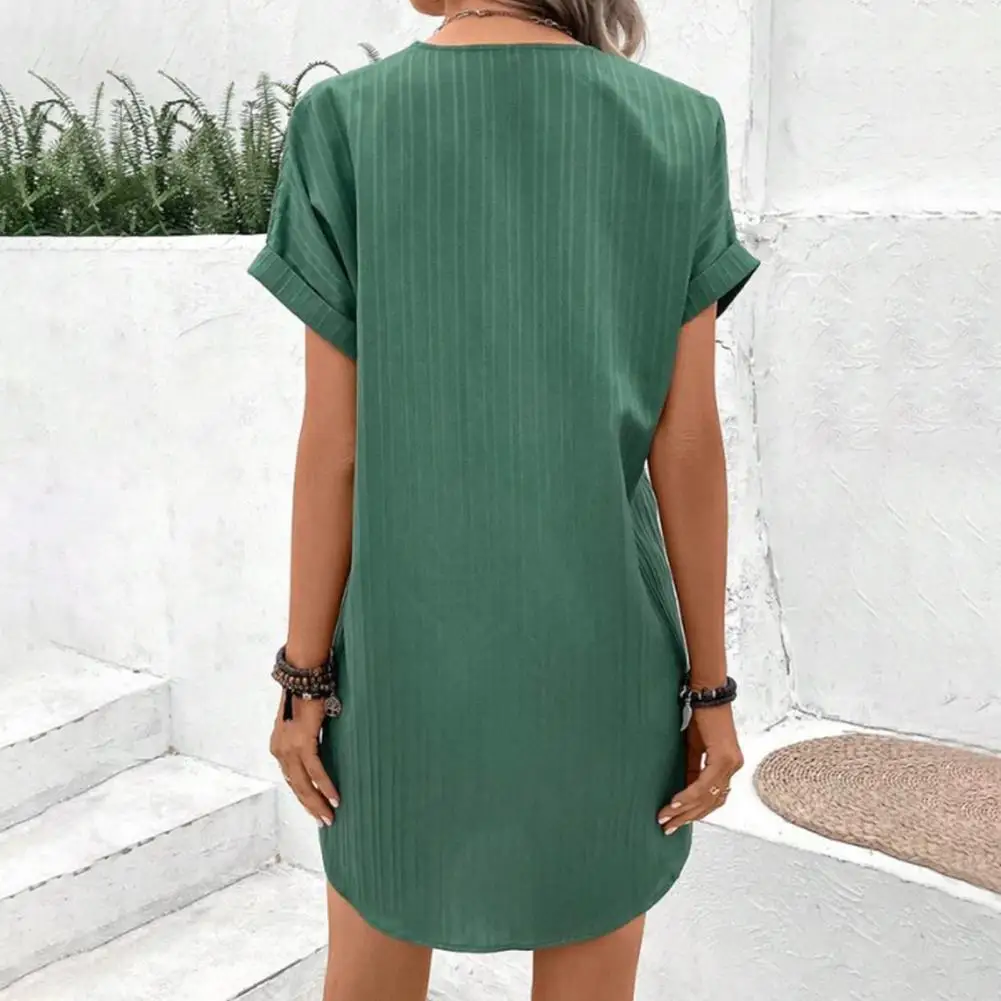 Moda camisa vestido para mulheres solto manga curta com decote em v botão design vestidos casuais cor sólida pulôver casual mini vestido