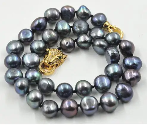 

NEW 10-11mm south sea black baroque pearl necklace 18INCH leopard Clasp