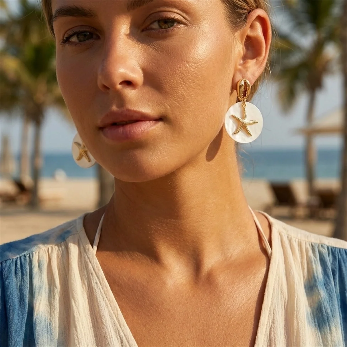Sommerliche runde Muschel-Seestern-Ohrhänger aus Acryl für Damen und Herren, Boho-Ozean-Strand-Urlaub, Muschel-Quasten-Ohrringe, Party-Schmuck – Detail 7