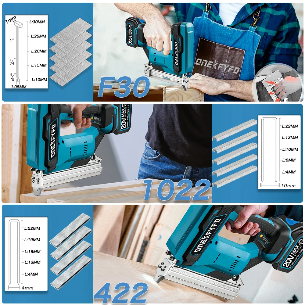 Grapas en U rectas F30 422 1022, pistola de clavos eléctrica inalámbrica sin escobillas, grapadora + 1 Juego de clavos para batería Makita de 18V