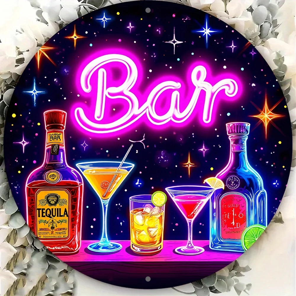 8-Zoll Runde Aluminium-Neon-Leuchtreklame mit Flaschen-Motiv - Lebendige Wanddekoration für Küche, Garten, Büro - Englischer Text, Ideal für Neuheiten