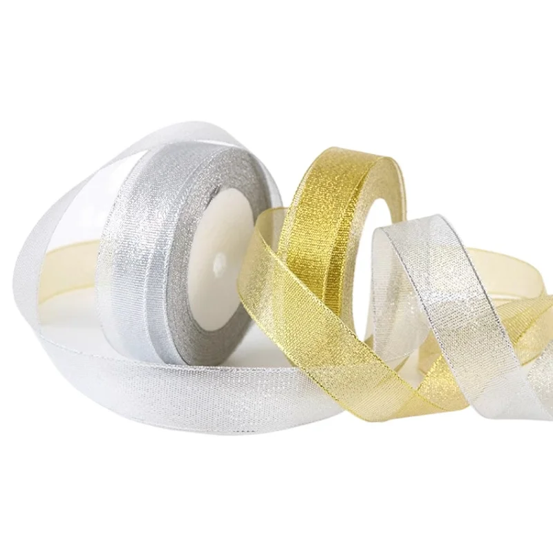 (3-50mm) Gold/Silber Seiden-Satin-Organza-Band Polyester-Band Handgemachtes DIY Hochzeitstorten-Geschenk-Dekorations-Bastelzubehör