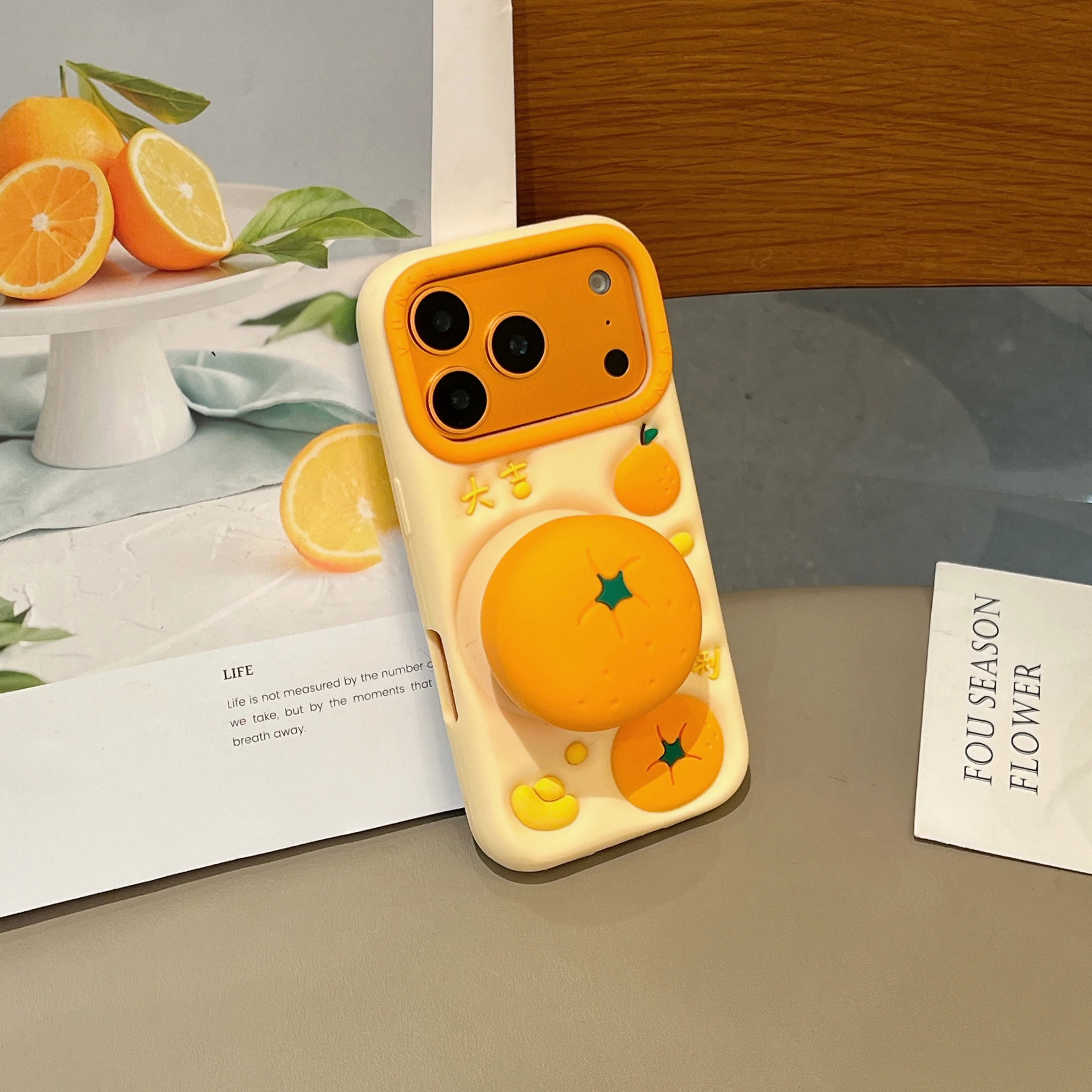 3D Telescoping Bracket Orange For iPhone 17Pro Max 12 13 14 15 16 Promax Cute Cartoon , Soft Silicone Phone Case Back Cover Skin