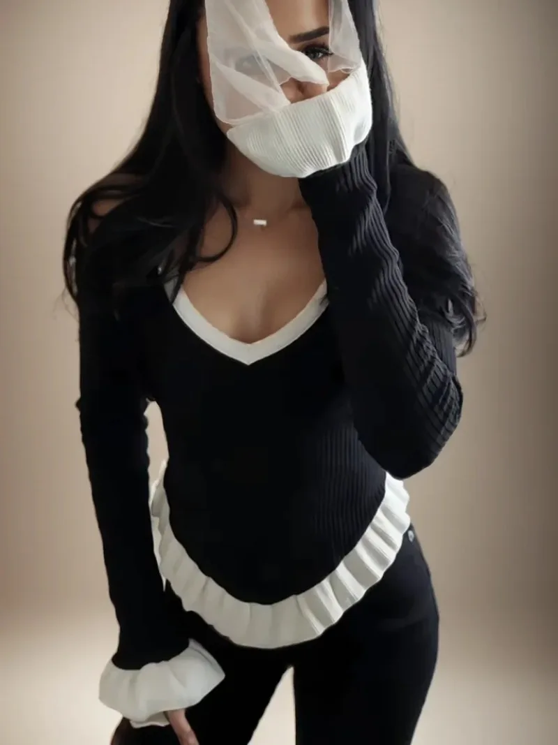 

Корейский модный вязаный свитер с оборками, пуловеры, весна 2023, новые женские ламинированные декоративные свитера с v-образным вырезом и длинными рукавами, женские топы