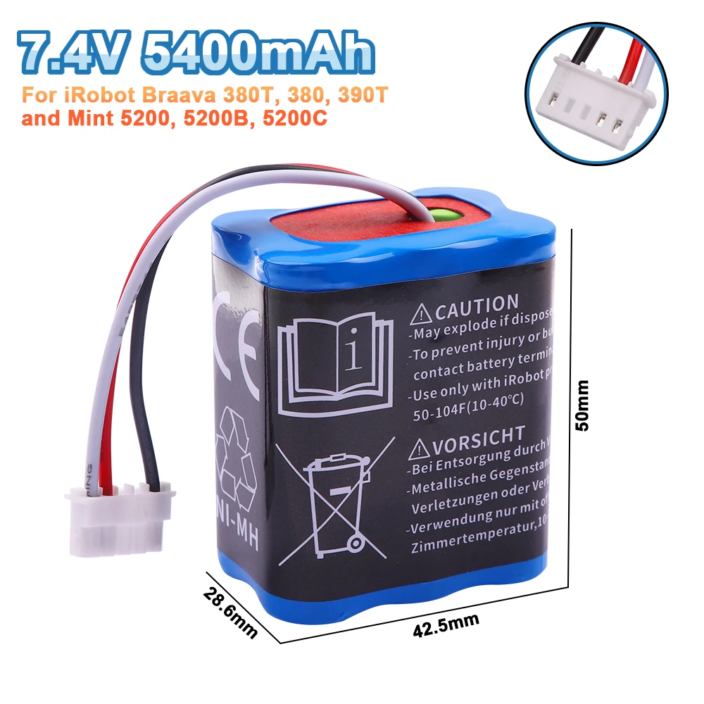 Akumulator 7,2 V 5400 mAh NI-MH do odkurzacza iRobot Braava 380T 380 390T Mint 5200 5200B 5200C ulepszona duża pojemność dla 380T