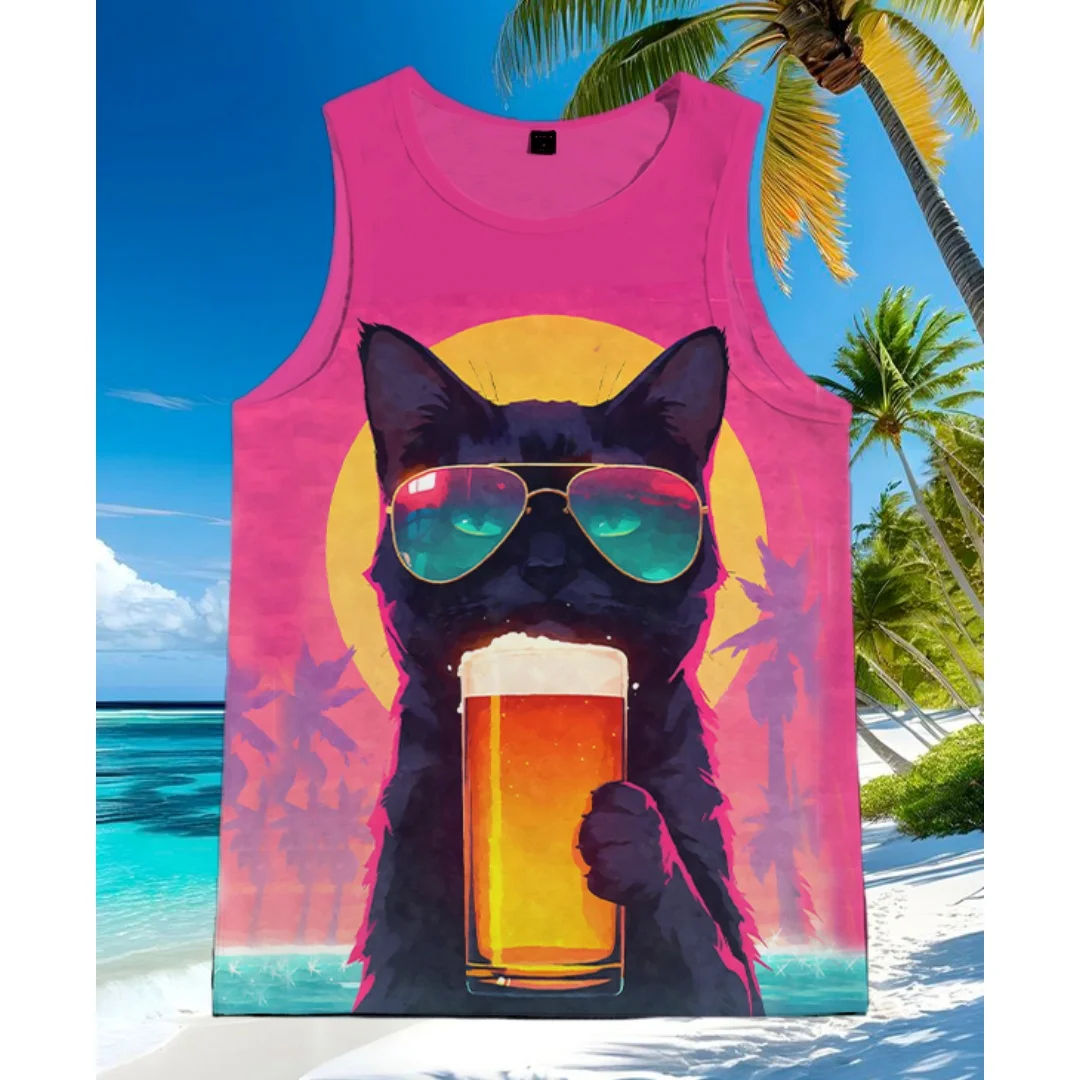 

Summer Black Cat Drinking Beer Tank Tops 3D Coconut Tree Print Vest Hawaiian Style Casual Seaside Sports Sleeveless T-shirt Tops
