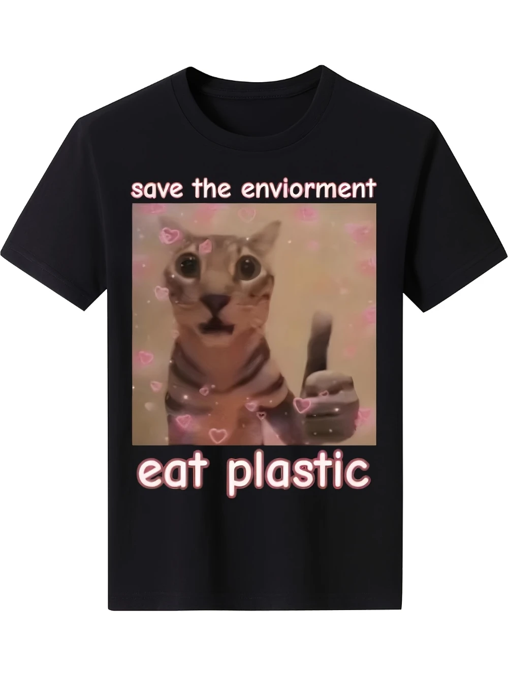 Top Picklocalfunny Save The Environment Eat Plastic Cat Graphic T-Shirt Unisex Fit Statement Tee Black Men's T-shirts for Summer