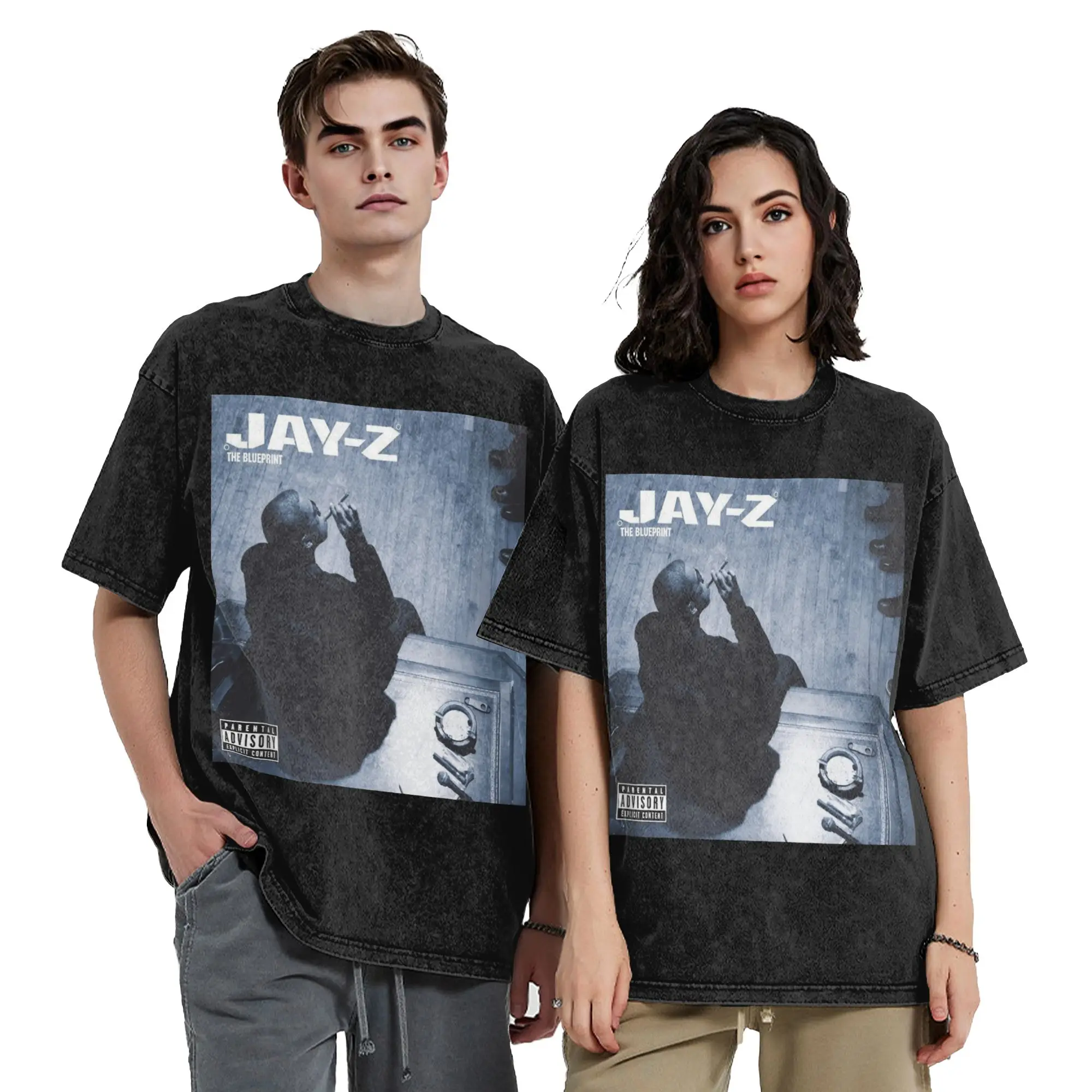 Washed T Shirts Jay Z The Blueprint Album Cover Hip Hop Retro T-Shirts Street Streetwear Graphic Printed Tops Tees for Men Women