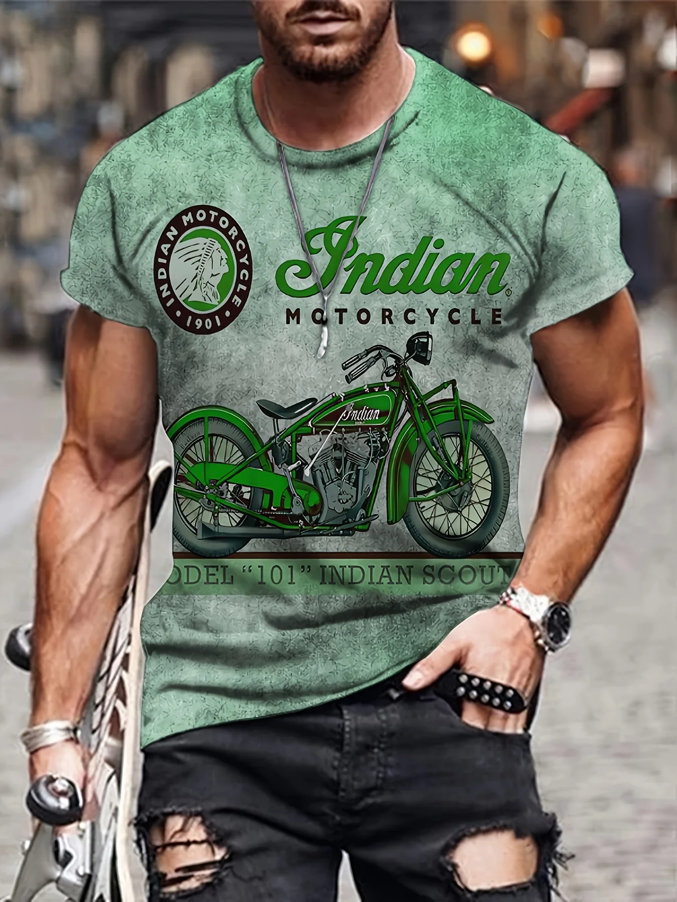 Retro Style Motorcycle Print Men's Graphic T-shirt Casual Tees For Summer Mens Clothing Soft Slight Stretch Polyester Fabric