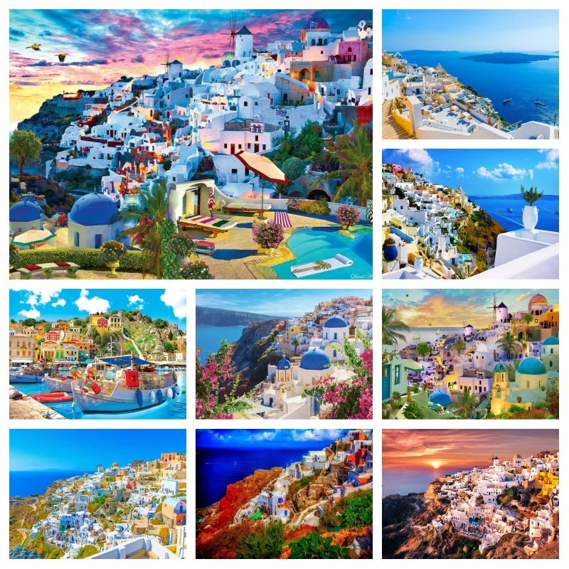 

Fairytale Greece Santorini European Town Scenery Diamond Mosaic Painting Cross Stitch Acropolis And Oia Village Art Wall Decor