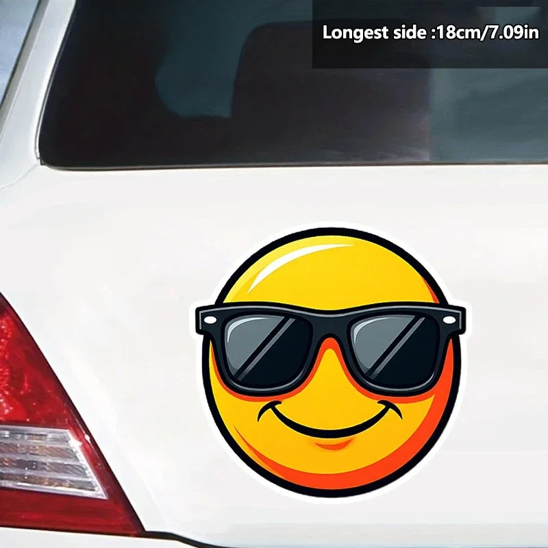 1PC 선글라스를 쓴 멋진 웃는 얼굴 2D 플랫 데칼-자동차 노트북용 방수 생생한 스티커-개인화를 위한 재미있는 트렌디 스타일