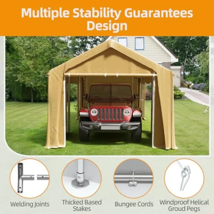 Carport for outdoor storage, heavy-duty polyethylene tarp, gray, waterproof all-season protection with removable sidewalls, doo