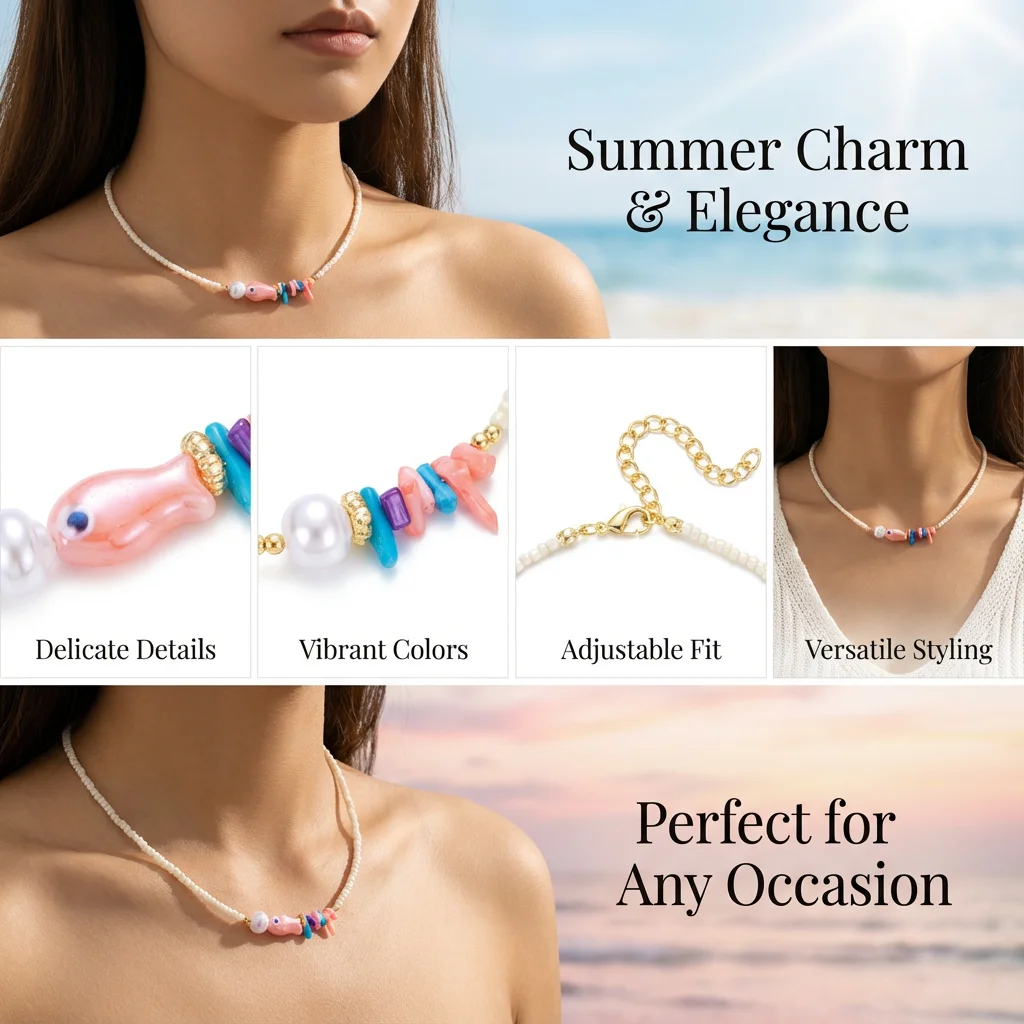 Boho Weiße Reisperlen-Halskette für Frauen Niedlicher Fisch-Imitationsperlen-Anhänger Bunter Choker Sommer Strand Y2K Halsschmuck Geschenk – Detail 3