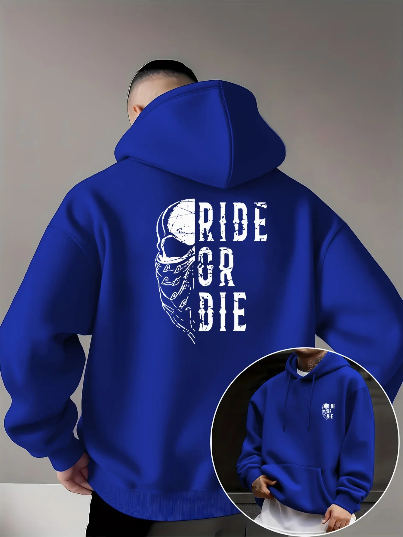 Men's Autumn/Winter Fashion Hooded Sweatshirt RIDE OR DIE Motorcycle Skull Vintage Line Double-Sided Print Creative Patter