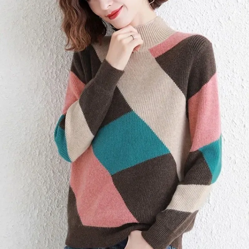 Women\'s Spring and Autumn New Loose Contrast Color Pullover Half High Neck Striped Sweater Fashion Long Sleeve Commute Knit Tops