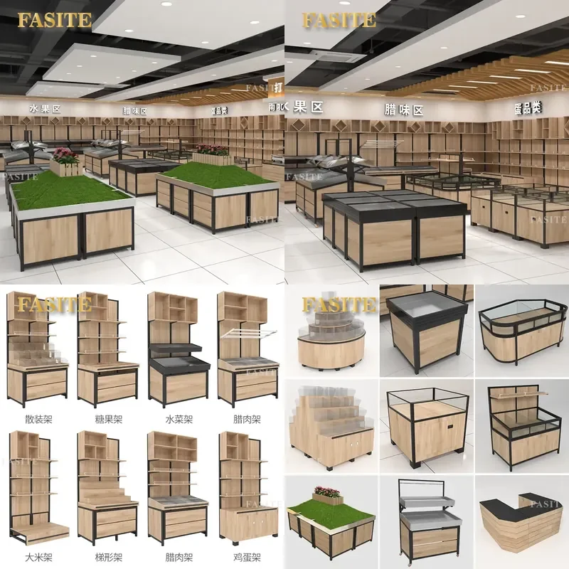 For Wooden Fruit Cart Supermarket Vegetable Shelf Store Display Rack Solid Wood Produce Stand Retail Shop Organizer Sturdy