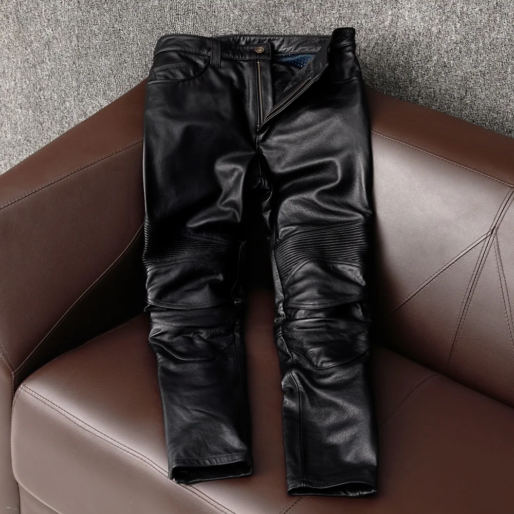 Winter New Men Quality Nature Leather Pants Hip Hop Retro Cowhide Slim Joggers Pencil Pants Male Motorcycle Biker Trousers