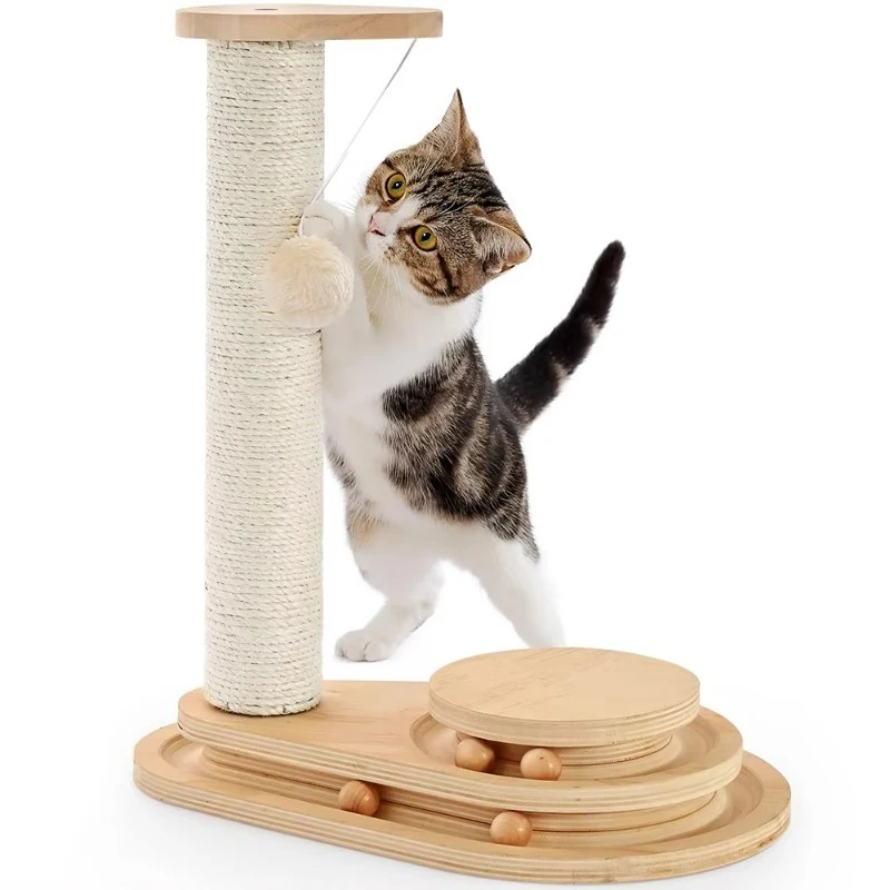 

Solid Pine Wood 2-Level Cat Toy Scratching Tree Modern Style Natural Sustainable Packed in Carton,Suitable for Pet Toys