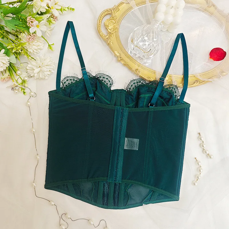 Warna Hijau Spice Girls Renda Tepi Rompi Tulang Ikan Gaya Korset Dalam dan Luar Atasan Wanita Seksi Pakaian Y2k