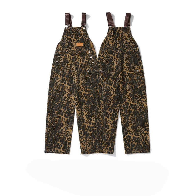 Kombinezon w panterkę w stylu ulicznym dla kobiet w stylu vintage, na co dzień, dżinsy z prostymi nogawkami, spodnie z wysokim stanem do podłogi