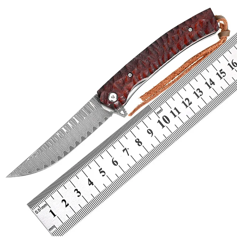 Free Wolf FW06 Damascus Blade Wood Handle Outdoor Hunting Camping Knife Ball Bearing Flipper Utility Pocket EDC Folding Knife