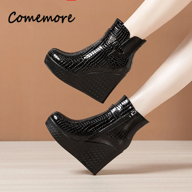 Comemore Women Casual Wedges Platform Ankle Boots Leather Shoes Woman Heel Designer Boots Black High Heels Women\'s Heeled Shoe