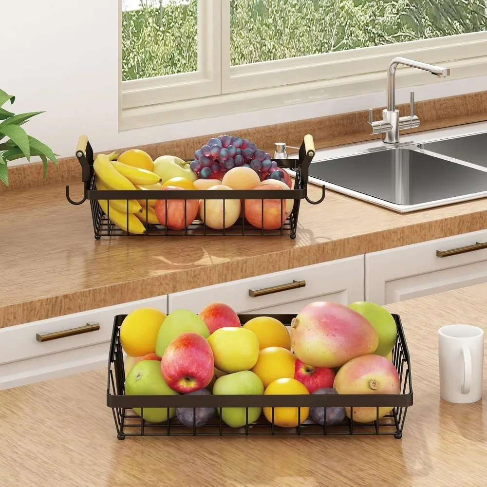 2 Tier Fruit Basket Bowl Farmhouse with Side Hooks for Kitchen Countertop, Detachable Metal Bread Fruit Vegetable Storage Basket