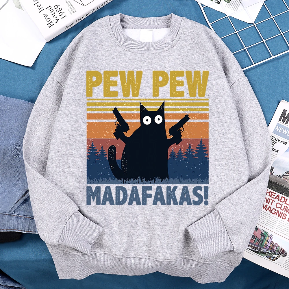 Pew Pew Madafakas Double Gun Cat Hoodie Men Fashion Oversize Sweatshirt Harajuku Streetwear Casual Crewneck Fleece Loose Hoodie