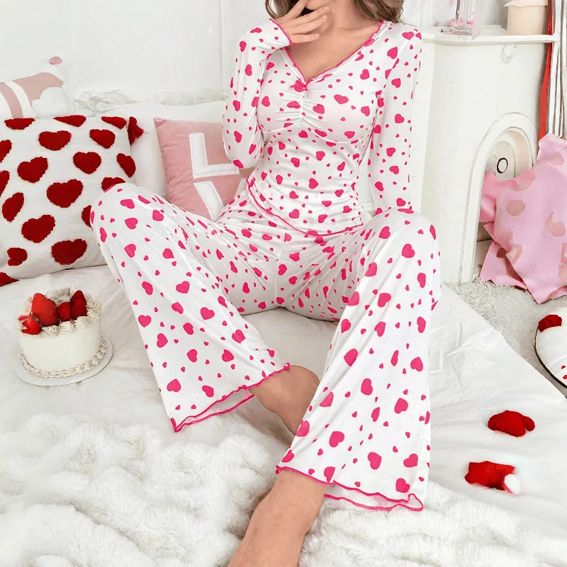 

Women Autumn Pajamas Clothing Sets Female Long Sleeve Sexy V-neck Heart Print Sleepwear Homewear Female Leisure Loose Loungewear