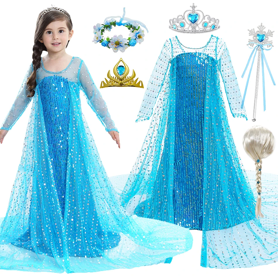 Kid Elsa Cosplay Princess Dress Girl Snow Queen Long Sleeve Blue Sequin Mesh Gown Children Birthday Carnival Party Costume Cloak