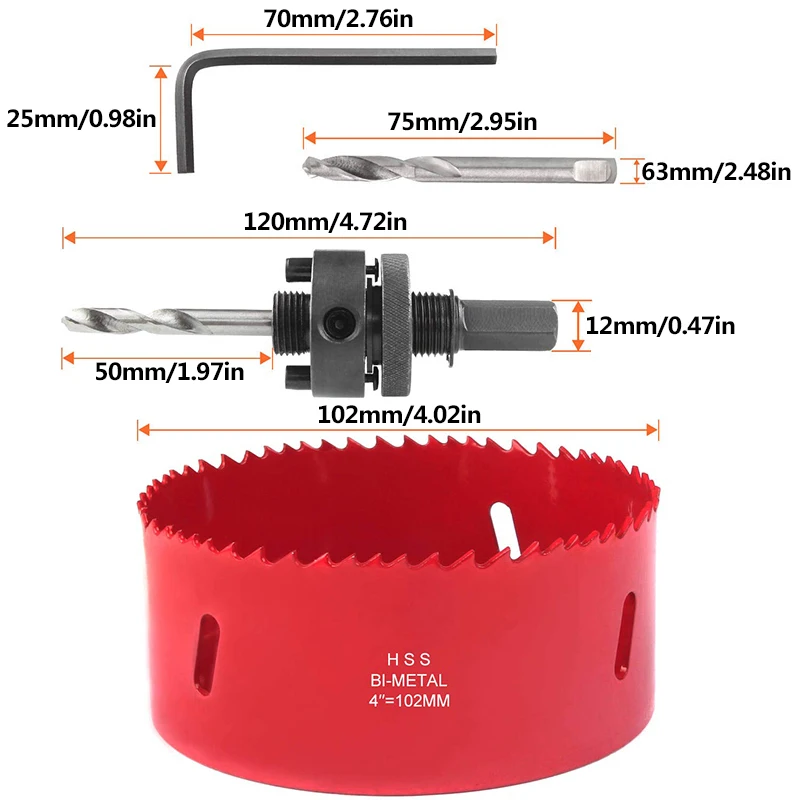 4-inch 100mm hole saw with spindle, heavy-duty 38mm deep bimetal HSS 4-inch hole saw blade with positive rake teeth