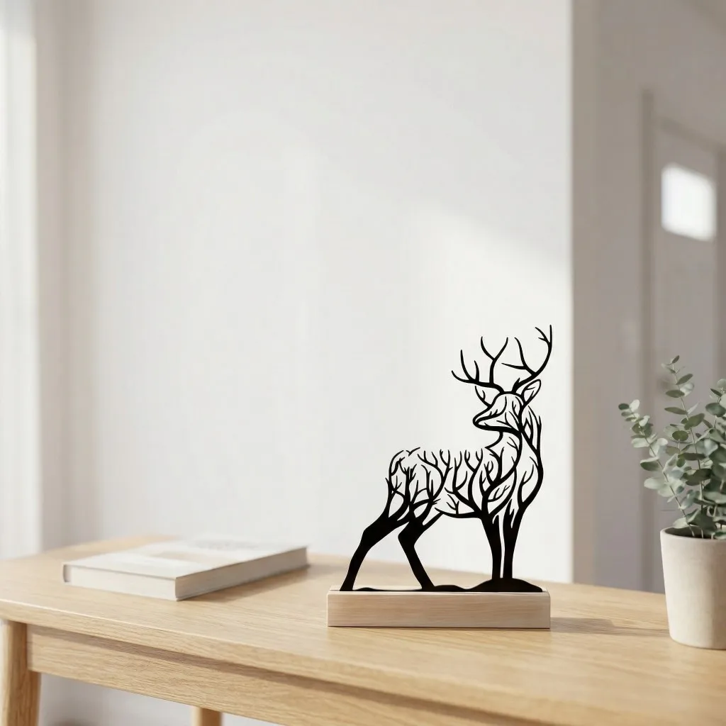 

Deer Tree of Life Metal Table Decor | Black Stag Silhouette Sculpture with Wood Base