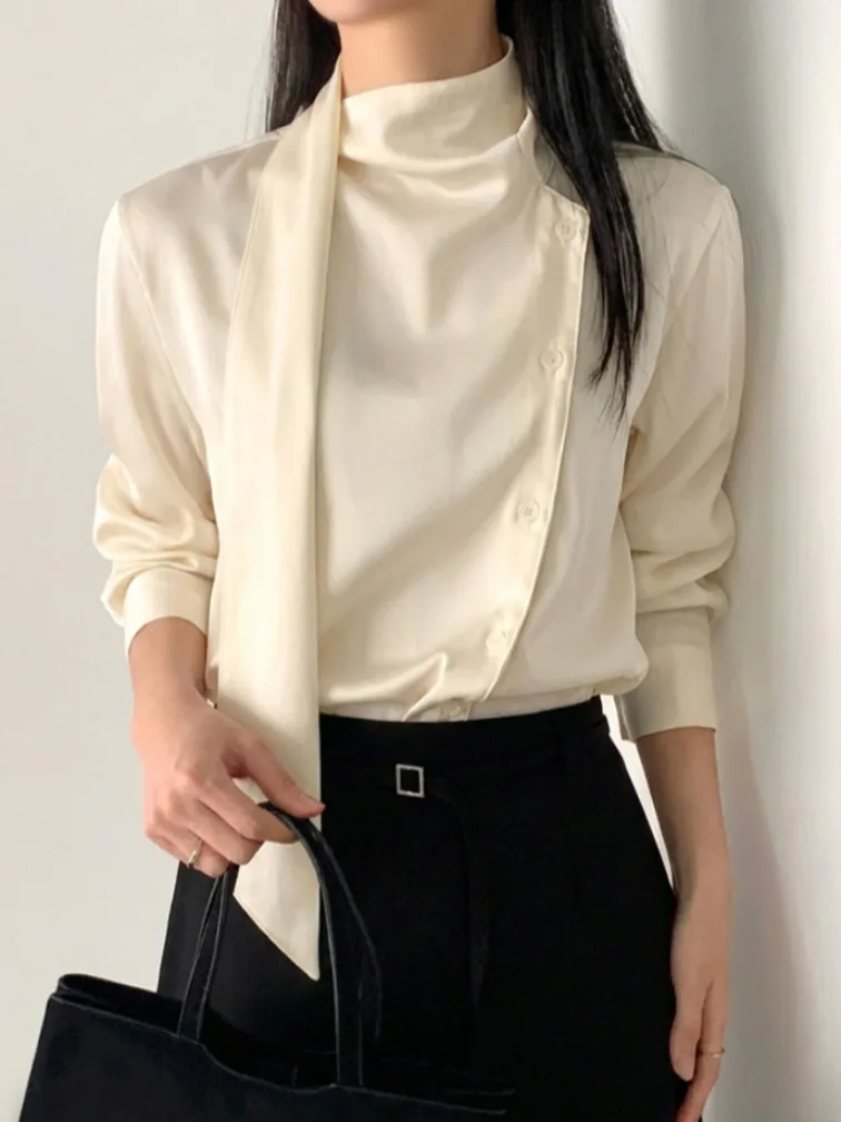 

Шикарный весенний ter Ne Glitter irt, женский модный топ с галстуком-бабочкой и наклонными пуговицами, прямой корейский длинный све, полиэстер