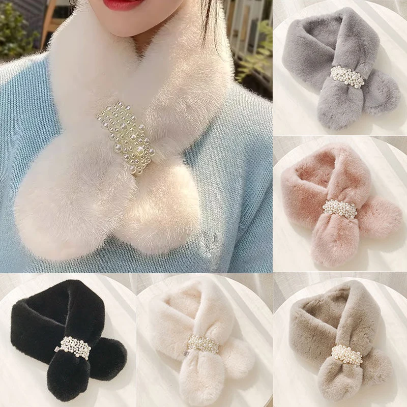 Women Winter Warm Thicken Scarfs Solid Color Pearl Faux Rabbit Fur Plush Cross Collar Scarf Shawl Elegant Warm Soft Scarf Gifts